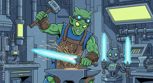 Green-skinned artisan crafting glowing light-blue swords in futuristic workshop