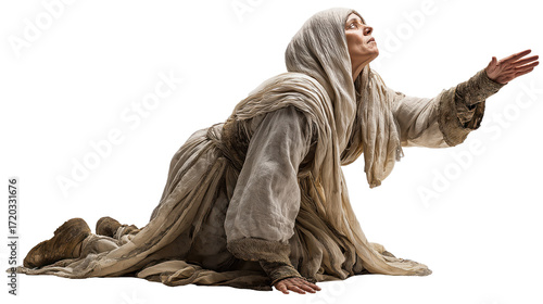 Weary pale woman full body on transparent background, biblical figure in faded robe kneeling in humility and prayer, isolated New Testament character PNG.