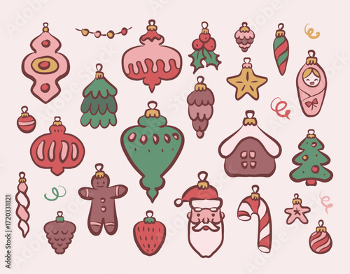 Set of Christmas tree toys. Retro vintage hand drawn baubles, decorations, garland, confetti. Pastel colors. Vector contour illustration.