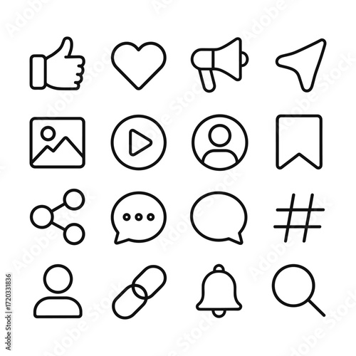 Social media icons with engagement symbols. Outline symbols. Line design