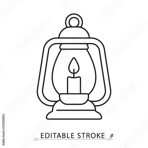 A Halloween lantern icon in minimalist style with editable stroke. Candle light, spooky decor, autumn celebration, vintage lamp, seasonal ornament, holiday symbol, traditional element