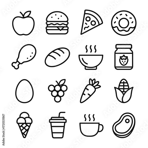 Food icons with restaurant and dining symbols. Outline symbols. Line design