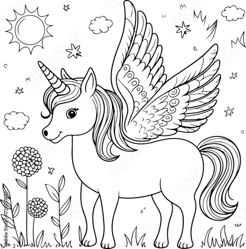 Magical unicorn foal coloring page illustration. Cute baby unicorn with big eyes, flowing mane, and stars around, perfect for kids’ coloring books, fantasy art, and printable craft activities.