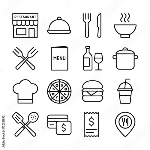 Restaurant icon collection vector set. Outline symbols. Line design