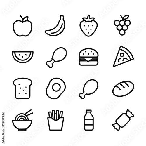 Food icon collection with bakery and dessert symbols. Outline symbols. Line design