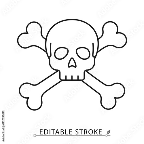 A skull and crossbones icon in a minimalist style with editable stroke. Danger sign, poison symbol, pirate flag element, toxic warning, Jolly Roger concept, Halloween decoration, death emblem.