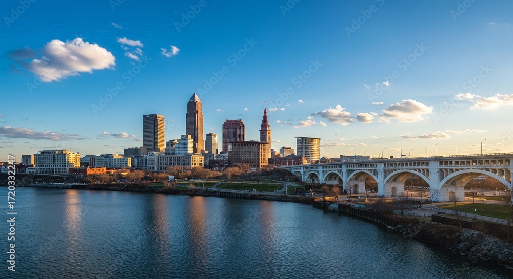 Fototapeta premium Cleveland skyline waterfront sunny background