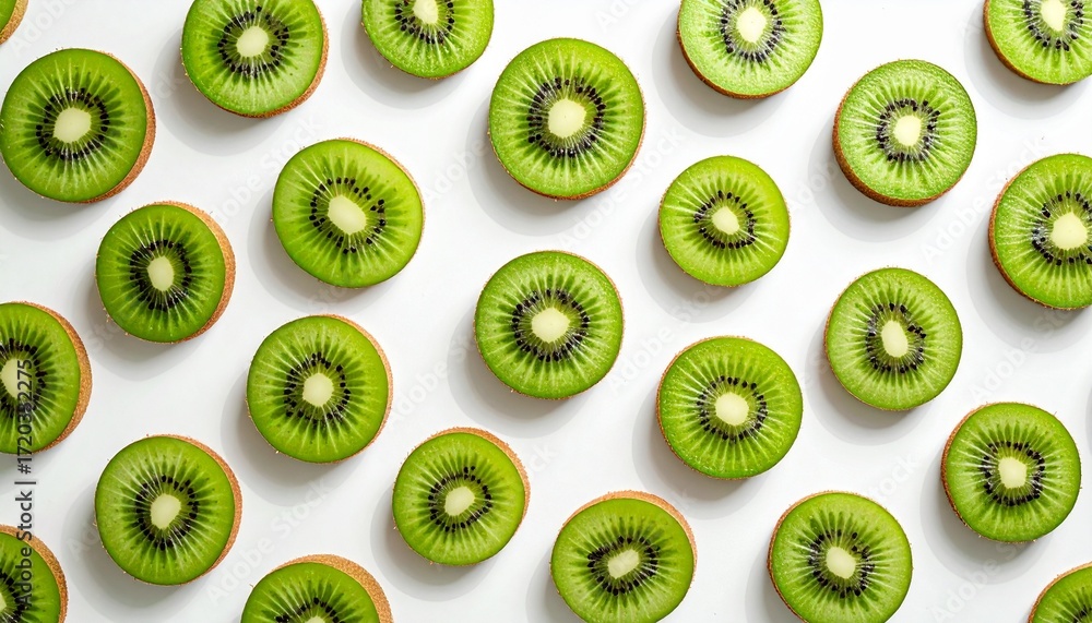 Fototapeta premium Sliced Kiwi Fruit Rows Flat Lay on Clean White Background