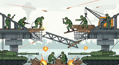 Soldiers Repairing Damaged Bridge Under Fire, Welding, Hammering, Crane Operation