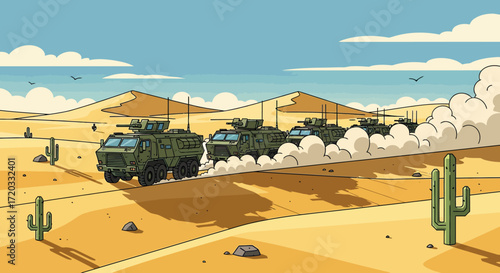 Convoy of Military Armored Vehicles Speeding Through Desert