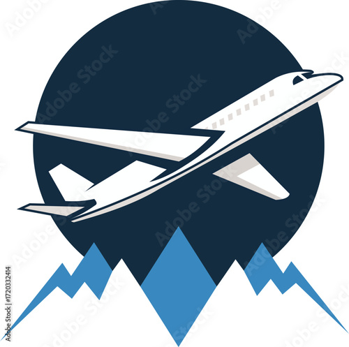 Air travel agency logo vector with airplane and mountains