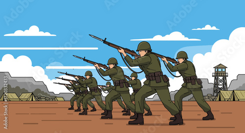 Military Soldiers in Action Firing Rifles During Wartime