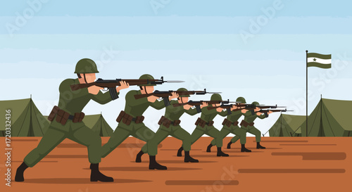 Soldiers in Olive Drab Uniforms Aiming Rifles in Formation