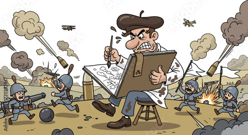 Artist Amidst War:  Angry Artist Drawing War Scene in Cartoon Style