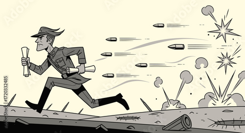 Cartoon Soldier Running with Scrolls Under Fire, Bullets and Explosions