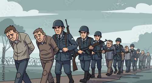 Cartoon depiction of prisoners marched by armed soldiers, heads bowed in despair.