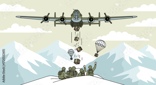 Vintage bomber aircraft drops supplies to soldiers in snowy mountains