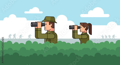 Two soldiers using binoculars to scout the battlefield.