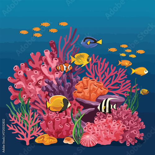 A vibrant coral reef ecosystem with colorful fish and marine vegetation