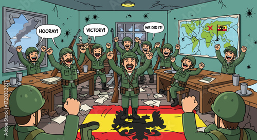 Cartoon soldiers celebrating victory with arms and map