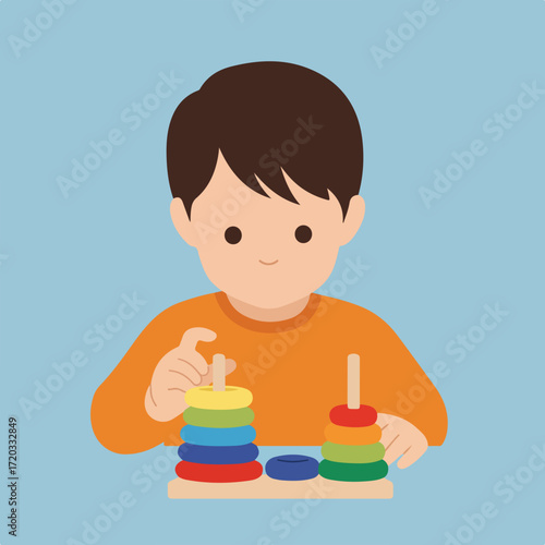 Child with rings tower toy, placing colorful circles on two wooden dowels