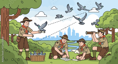Boy Scouts Observing Pigeons and Communicating with Messages