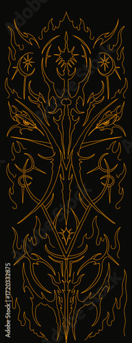 Ornamental neo tribal vector in gold line art with flames and occult symbols, perfect for tattoo, apparel, poster, or dark gothic design