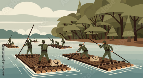 Soldiers Navigating River on Rustic Wooden Rafts,  Military Personnel Paddling,  Carrying Supplies