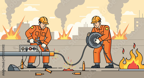 Two workers in orange protective suits fixing pipeline amidst explosions and fire.