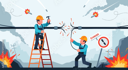 Two Male Electricians Repairing a Severed Power Cable Amidst Explosions