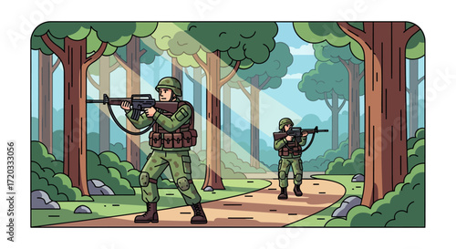 Two soldiers in camouflage uniforms patrolling a forest path