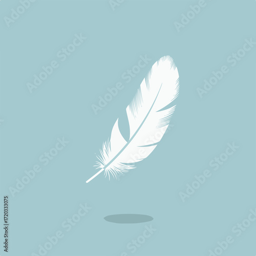 White feather with shadow, isolated on a soft blue background