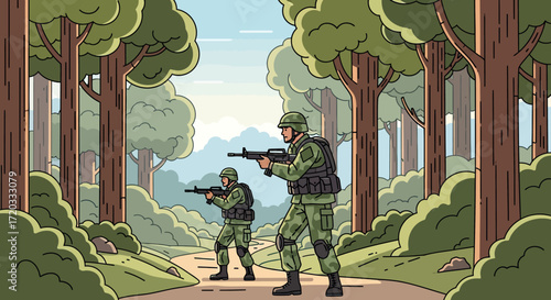 Two Soldiers in Camouflage Uniforms Patrolling a Forest Path