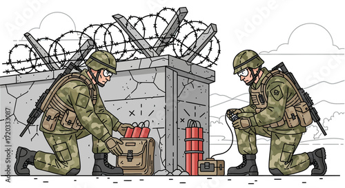 Two Camouflaged Soldiers Kneeling, Preparing Explosives near Barbed Wire Fence