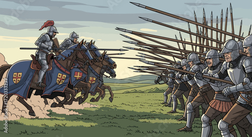 Medieval Knights on Horseback Charging a Pike Formation