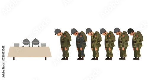 Soldiers in Camouflage Uniforms Bowing Before a Buffet Table