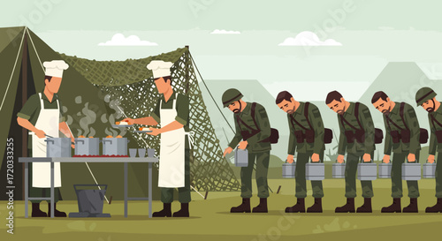 Military chefs in white hats preparing hot meals for soldiers queuing with mess kits in a field camp.