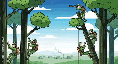 Cartoon Soldiers Climbing Trees with Backpacks, Observing with Telescope