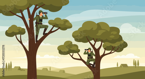 Two Soldiers in Olive Green Uniforms Using Binoculars While Perched in Trees