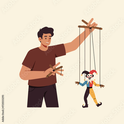 Man operates a colorful jester puppet on strings