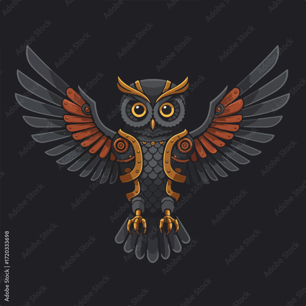 Obraz premium Steampunk owl with spread wings, intricate metalwork details, on black background
