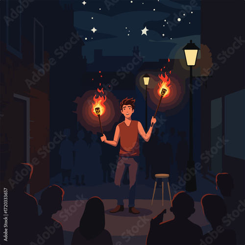 Fire performer entertains a crowd on a dark street at night