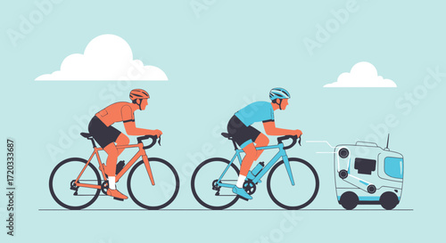 Two Cyclists in Helmets Riding Bicycles with a Robotic Vehicle in Tow