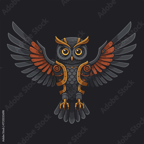 Steampunk owl with spread wings, intricate metalwork details, on black background