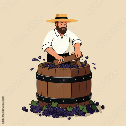 Man presses grapes in wooden barrel, grapes spilling. Cartoon illustration