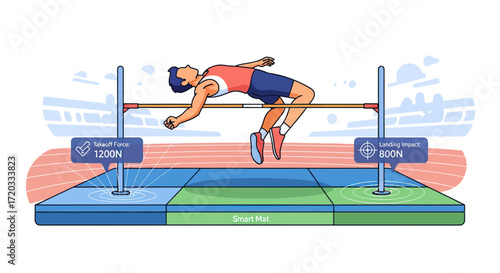 Athlete performing high jump over bar with force data displayed