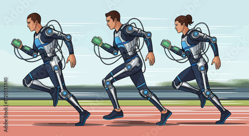 Athletes in advanced exoskeletons running on a track with data displays