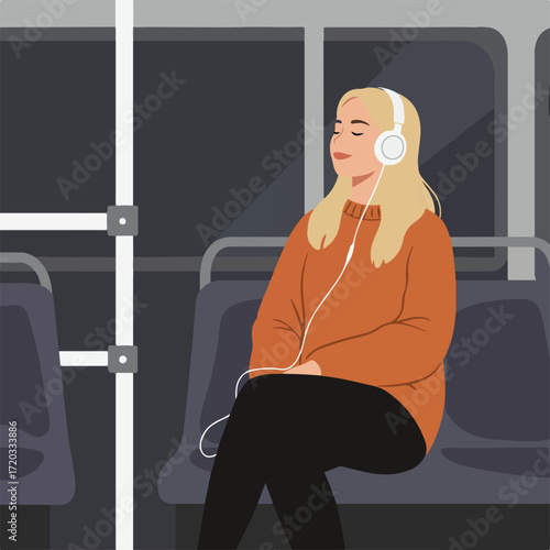 Blond woman with headphones rides public transit, eyes closed, orange sweater