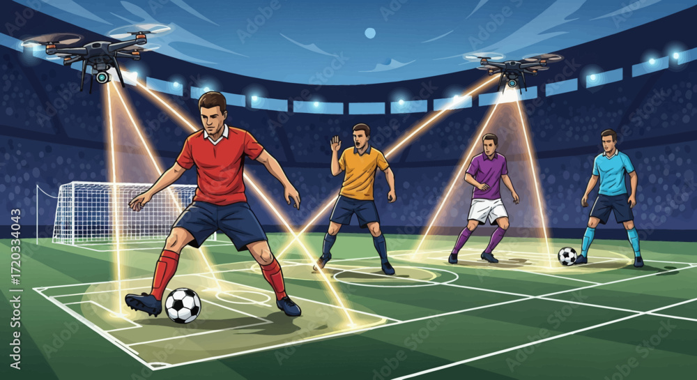 Naklejka premium Soccer Players Monitored by Drones, Dynamic Action Pose, Stadium Setting