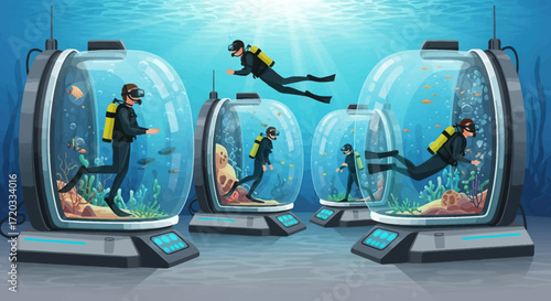 Scuba Divers Exploring Underwater Habitats in Futuristic Domes